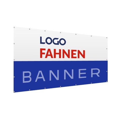 horizontales rechteckiges Banner mit blauem Streifen unten und Logo oben