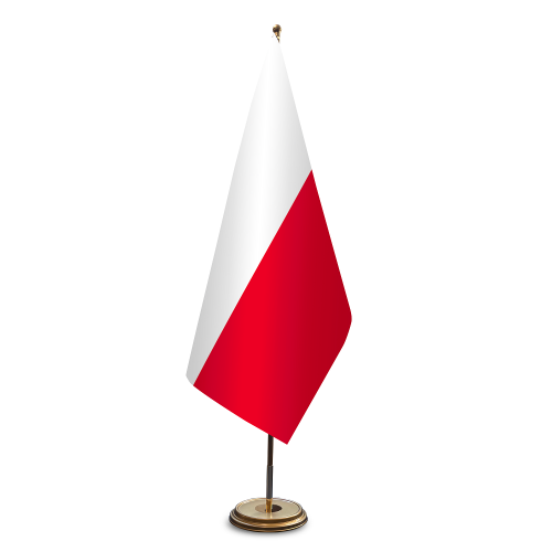błyszcząca flaga Polski na złotym stojaku flagowym.png