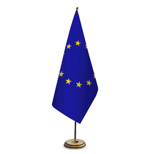 flaga Unii Europejskiej na złotym stojaku flagowym