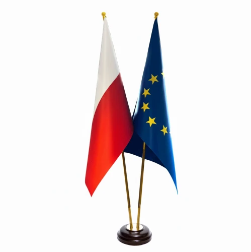 Flagi Polski i Unii na stojaku podwójnym ciemne drewno