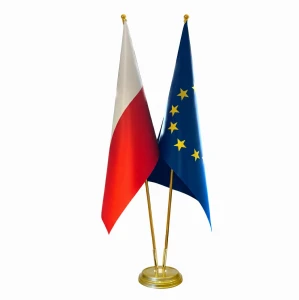 Zestaw flag Polski i Unii ze stojakami na salę rozpraw złoty